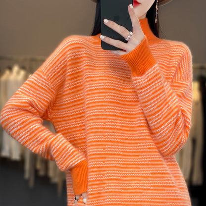 Women's knitted sweater with a modern striped pattern and comfortable thumb holes NOVAE