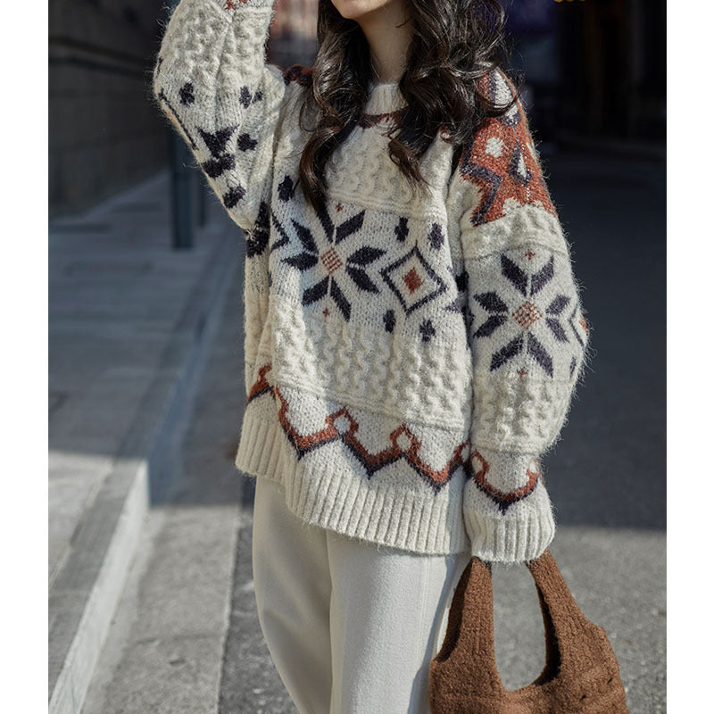 Women's chunky knit sweater with geometric pattern and round neckline NOVAE
