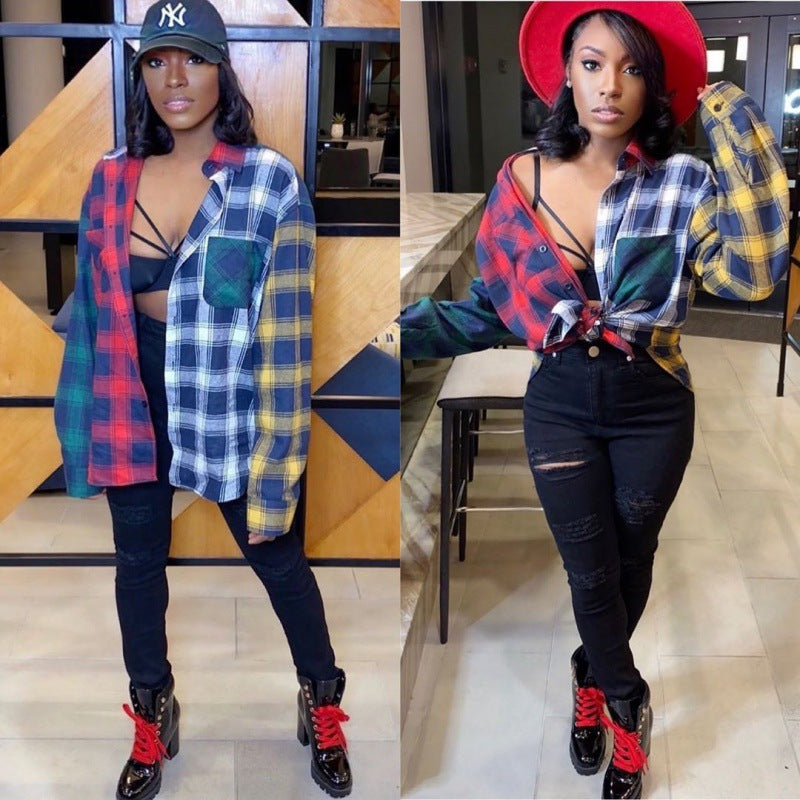 Women's oversized plaid blouse with a fashionable cut and casual look NOVAE