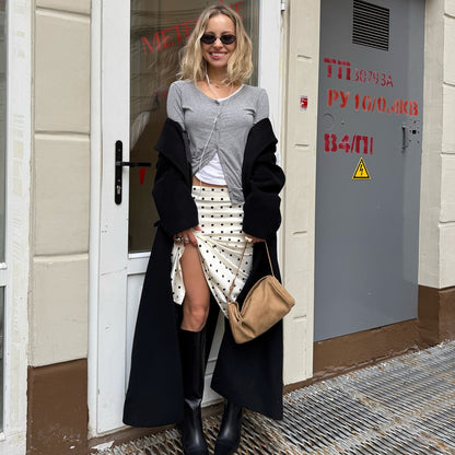 Women's fashionable midi skirt with elegant polka dot design and high slit NOVAE