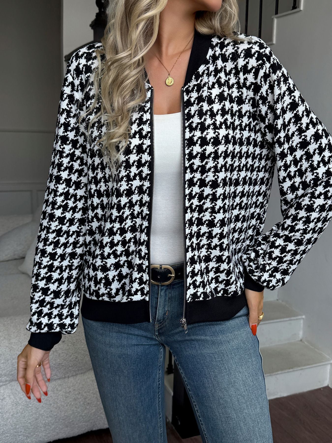 Women's fashionable bomber jacket with classic houndstooth pattern NOVAE