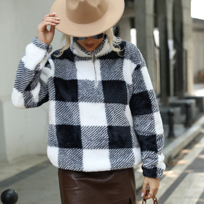 Women's plush pullover with check pattern and high collar NOVAE