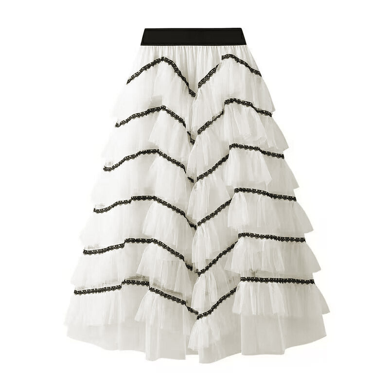 Women's fashionable tulle skirt with multi-layered ruffles and elegant lace accents NOVAE