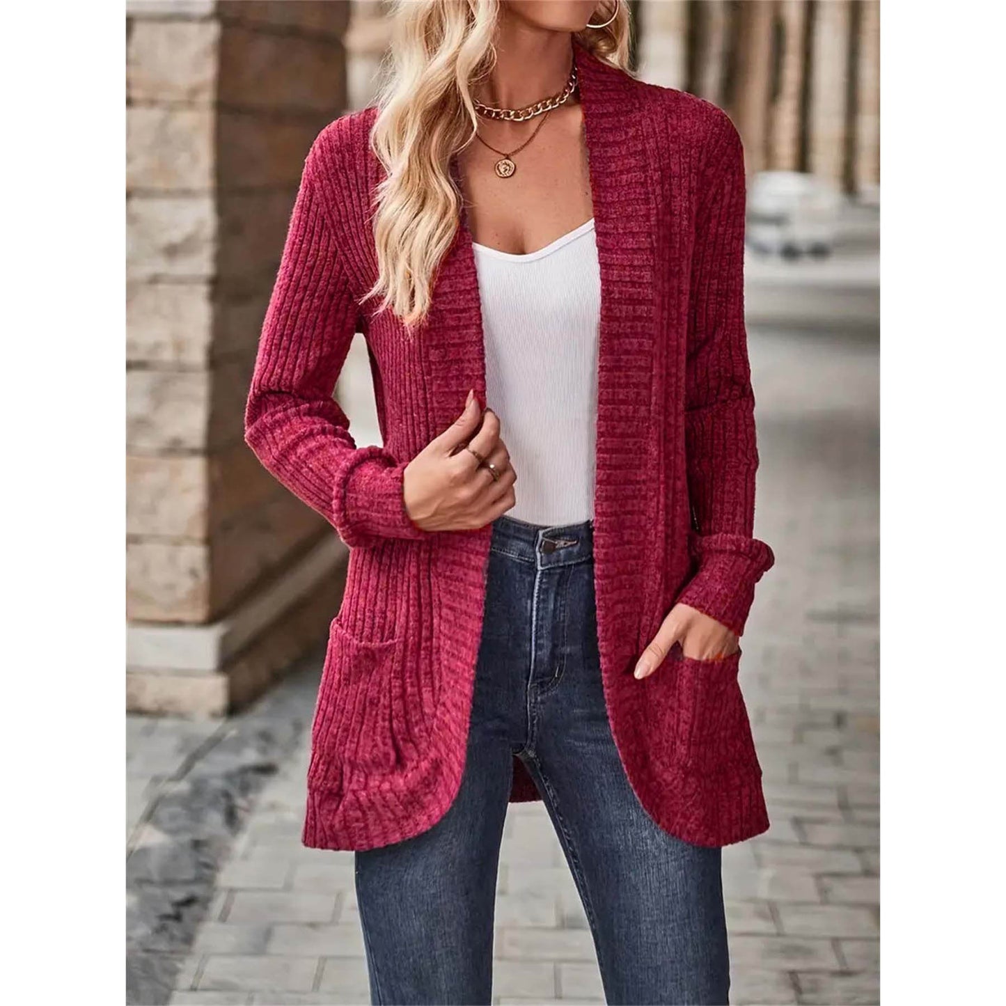 Women's cardigan with long sleeves and structured design NOVAE