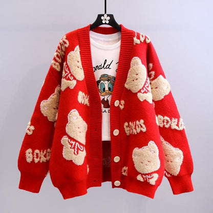 Women's Cozy Cardigan with Bear Motif NOVAE