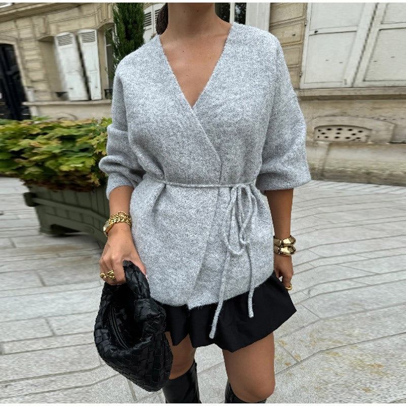 Women's elegant wrap knit coat with belt NOVAE