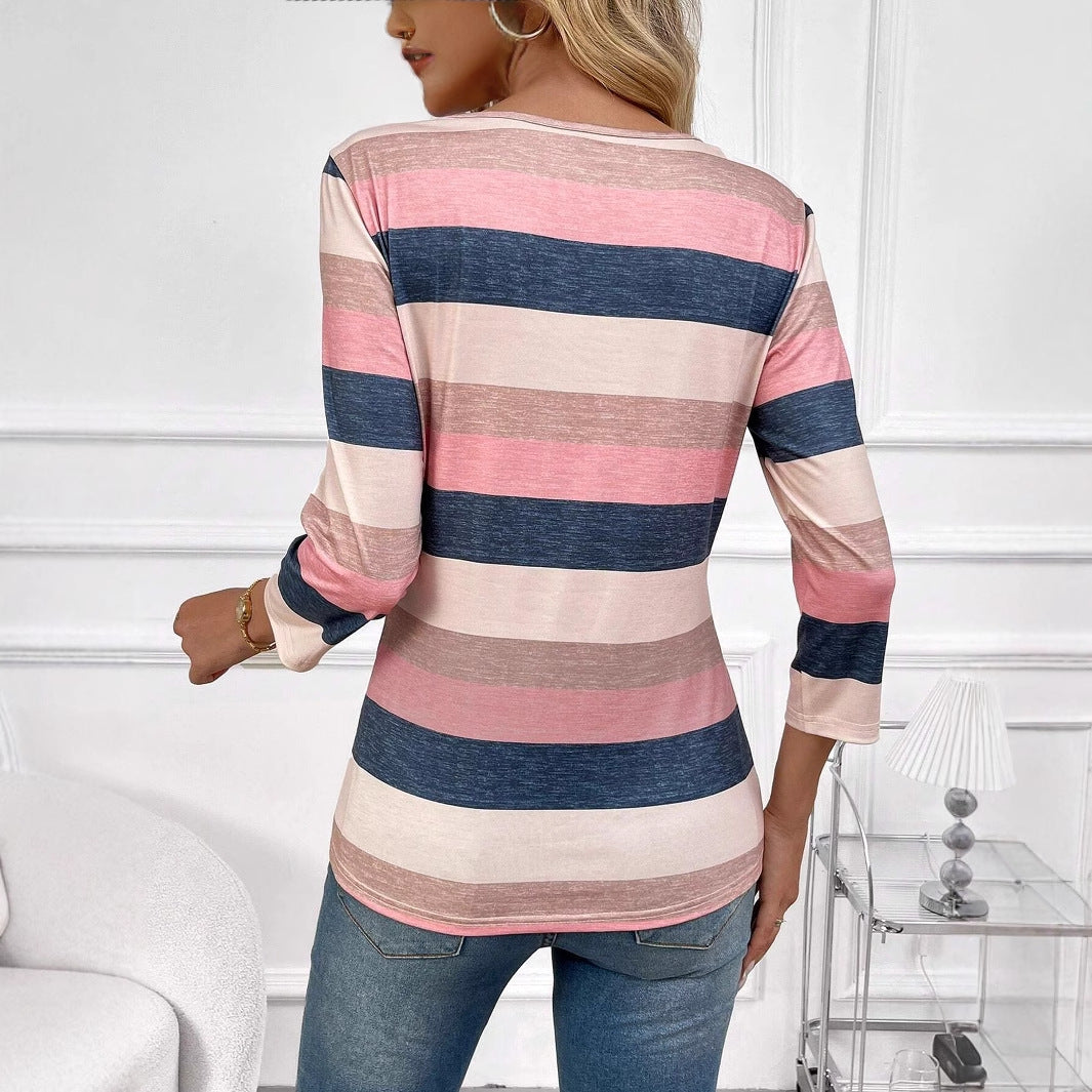 Women's striped top with 3/4 sleeves and wide round neck NOVAE