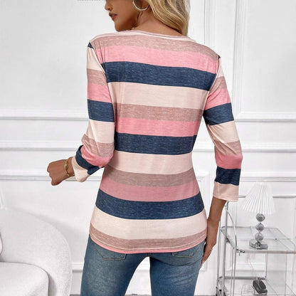 Women's striped top with 3/4 sleeves and wide round neck NOVAE