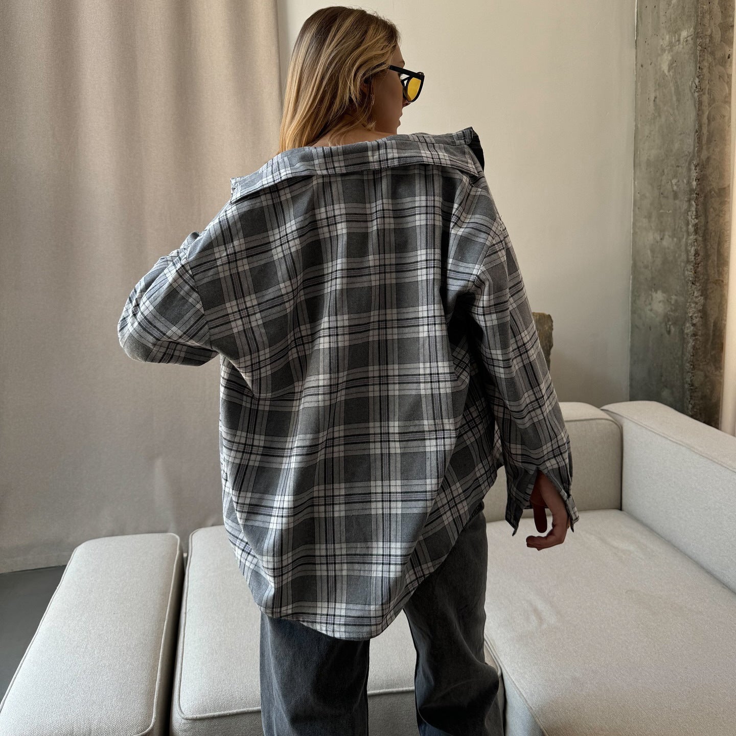 Women's casual plaid blouse with oversized cut and modern details NOVAE