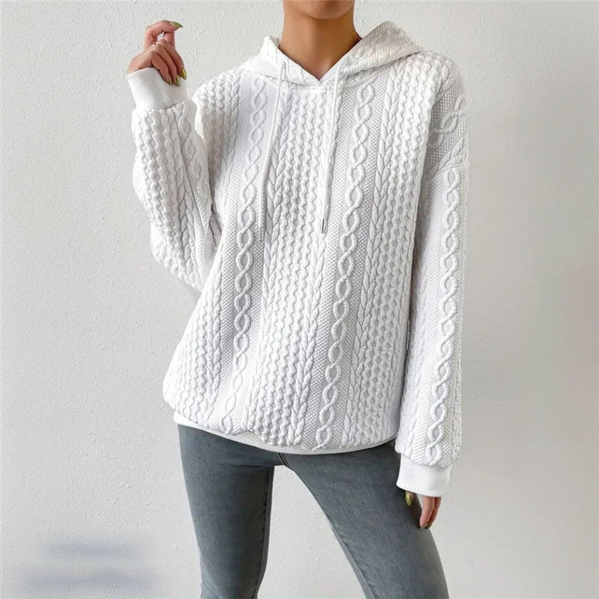 Women's High-Quality Knitted Sweater with Hood and Decorative Cable Pattern NOVAE