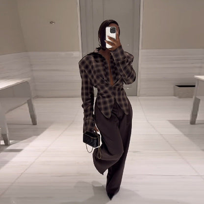 Women's wide-cut plaid blouse with innovative collar NOVAE