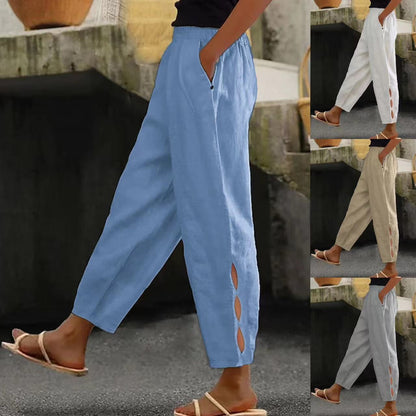 Women's lightweight linen trousers with side slits and elasticated waistband NOVAE