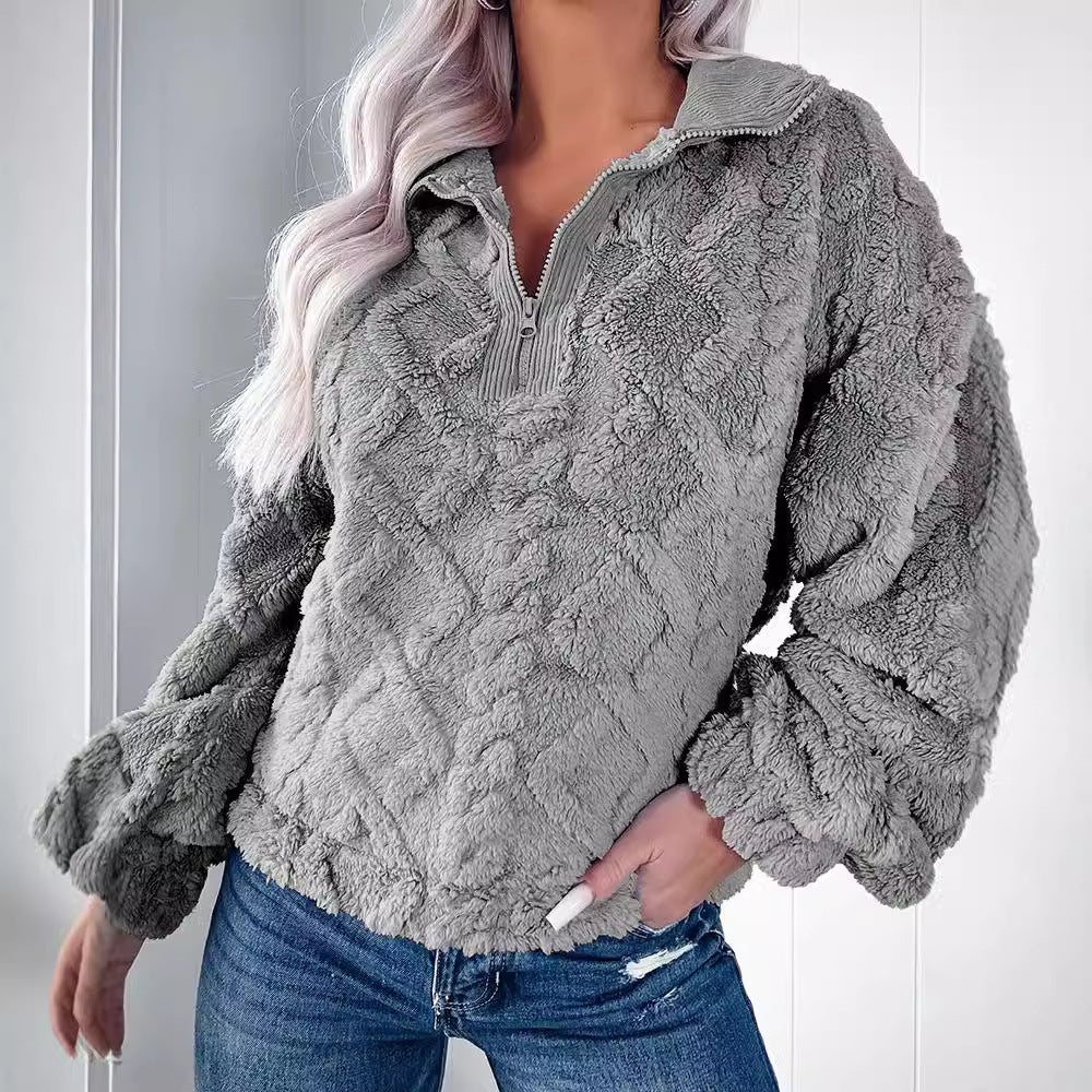 Women's Cozy Fleece Pullover with Half Zip and Volume Sleeves NOVAE