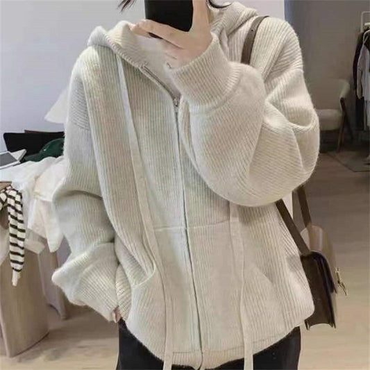 Women's hooded jacket with trendy ribbed knit design and practical pockets NOVAE