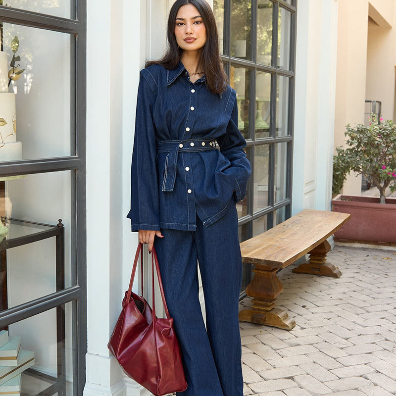 Women's wide-leg jeans set with belt NOVAE