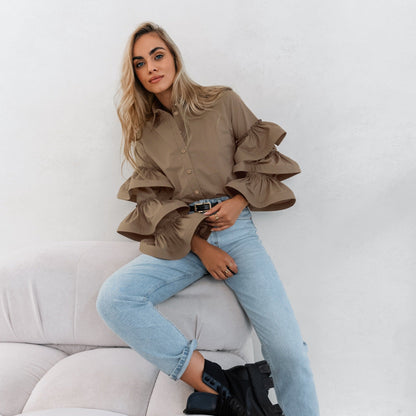 Women's blouse with voluminous ruffle details and classic collar NOVAE