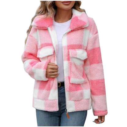Women's fleece jacket with check pattern and practical pockets NOVAE