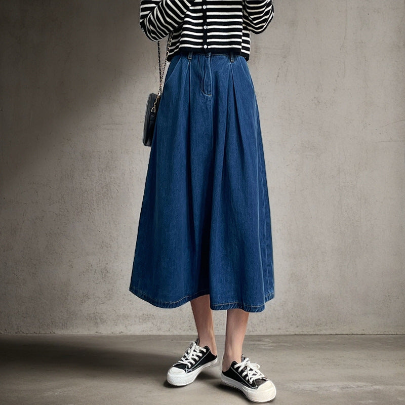 Women's Long Denim Skirt with Pleats and Side Pockets NOVAE