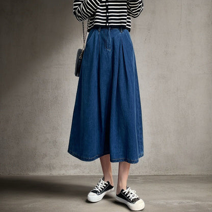 Women's Long Denim Skirt with Pleats and Side Pockets NOVAE