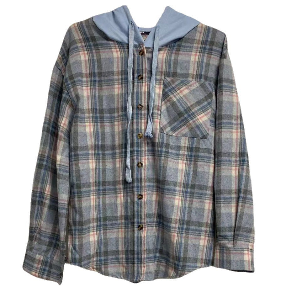 Women's nostalgic checked blouse with hood and button closure NOVAE