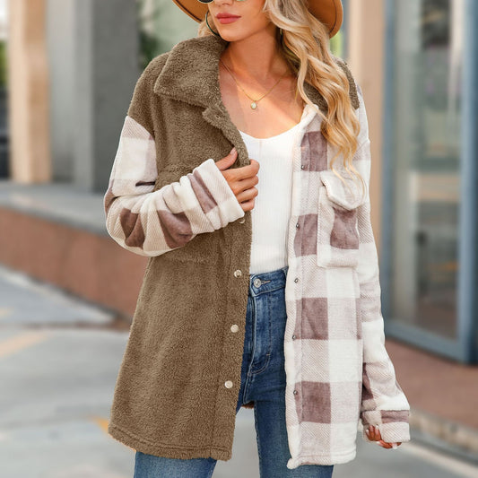 Women's fleece coat with check pattern and button placket NOVAE