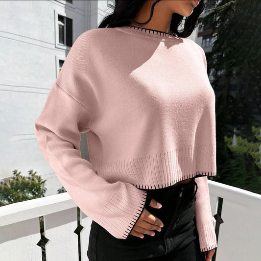 Women's casual cropped pullover with fine ribbing and elasticated waistband NOVAE