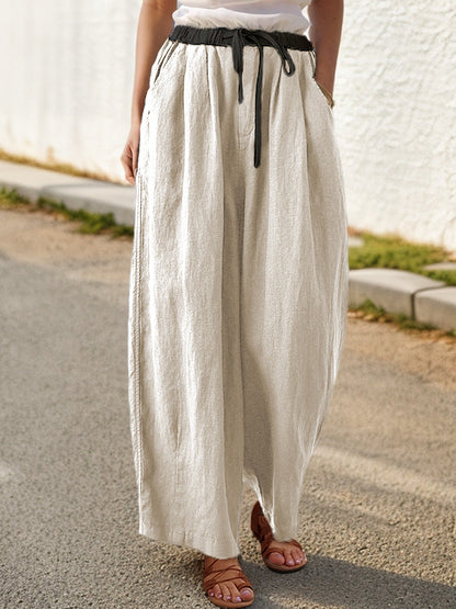Women's wide-leg linen trousers with elasticated waistband and stylish drawstring NOVAE