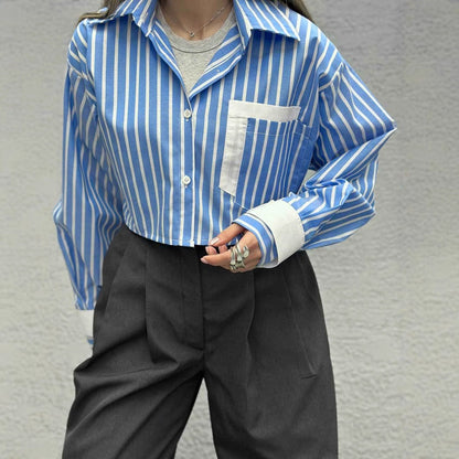 Women's cropped shirt blouse with fine stripes and contrasting chest pocket NOVAE