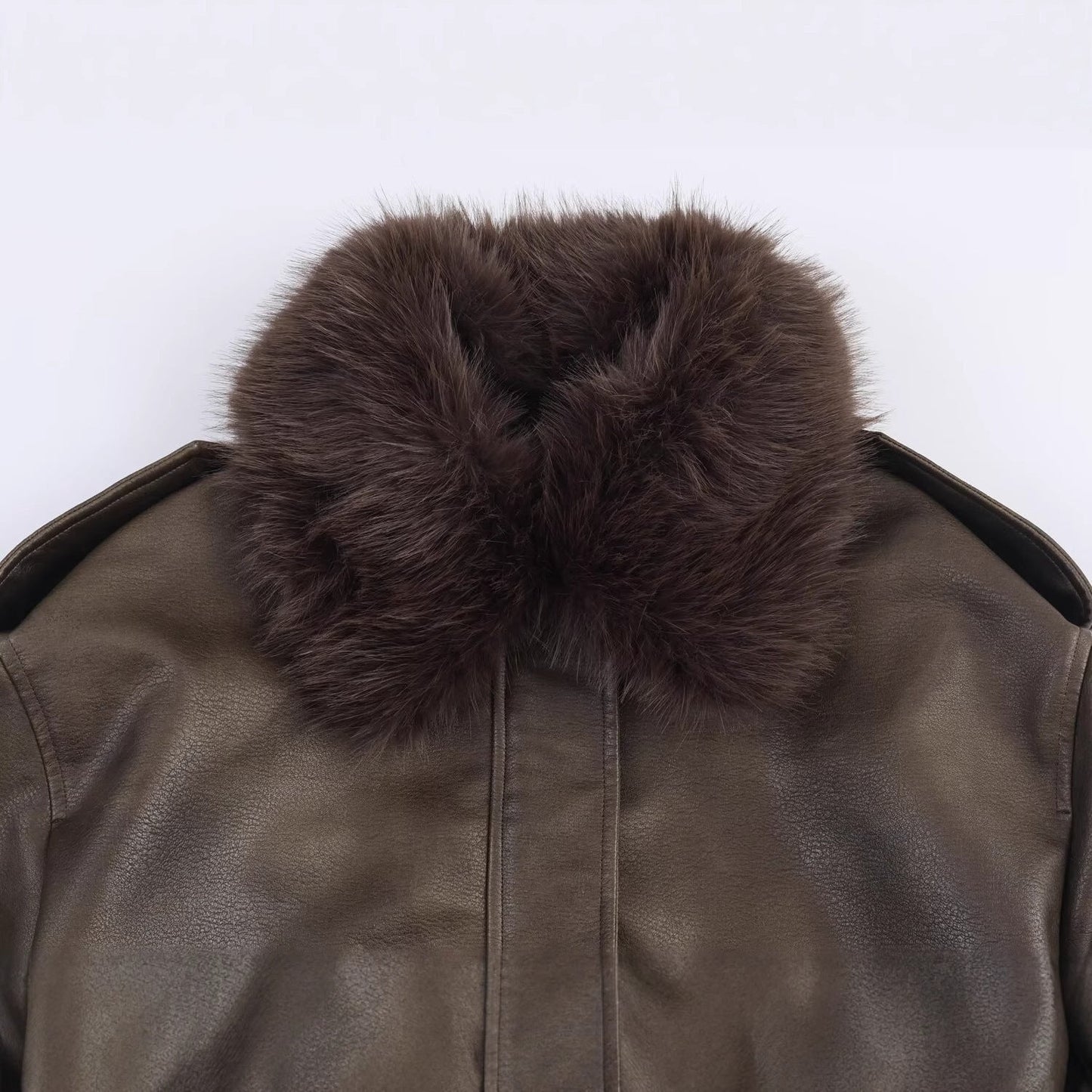 Women's elegant leather jacket with detachable faux fur collar and practical pockets NOVAE