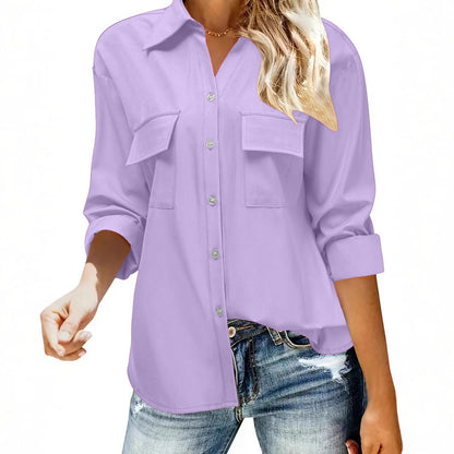 Women's casual long-sleeved blouse with practical chest pockets and button closure NOVAE