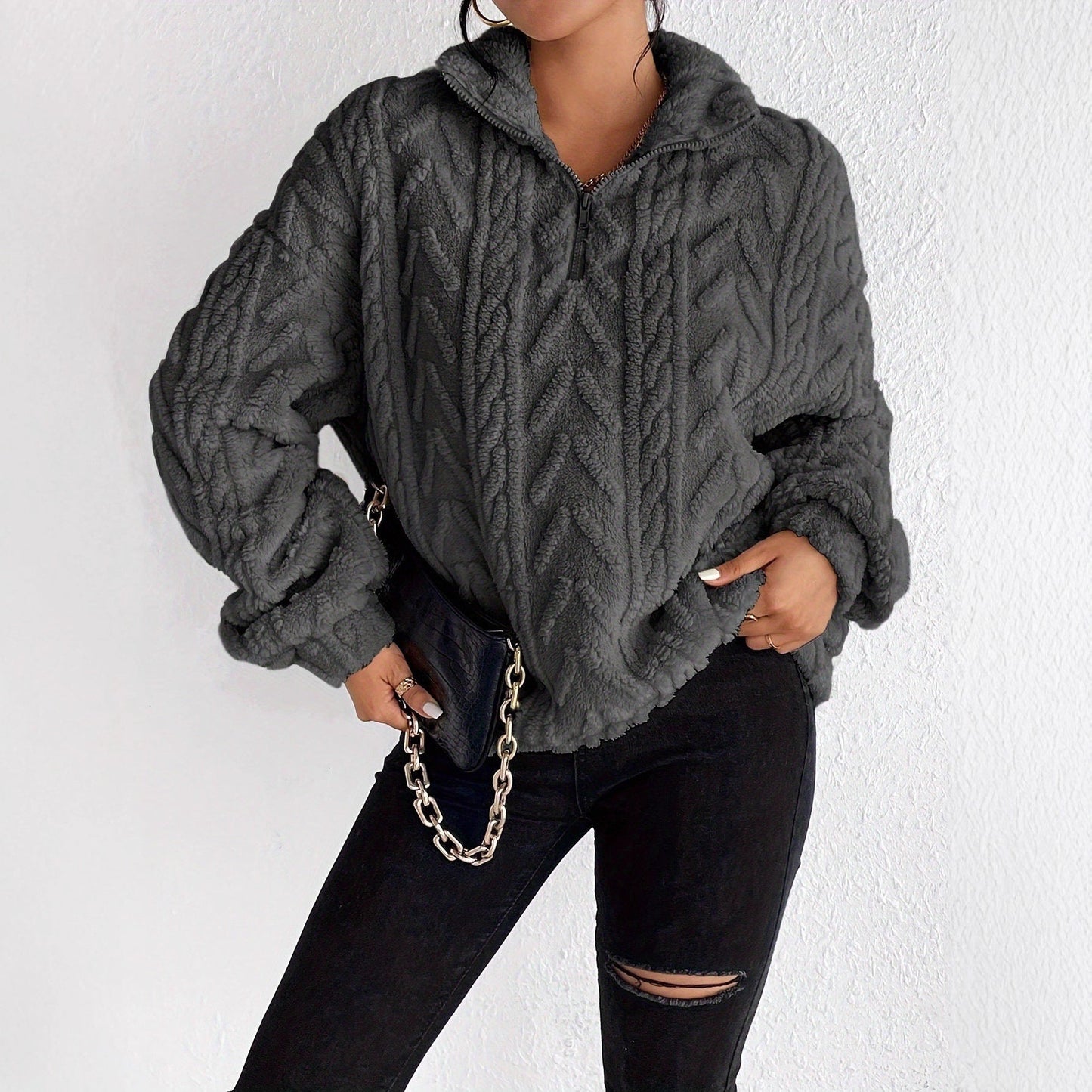Women's Cozy Fleece Sweater with High Collar and Zipper Detail NOVAE