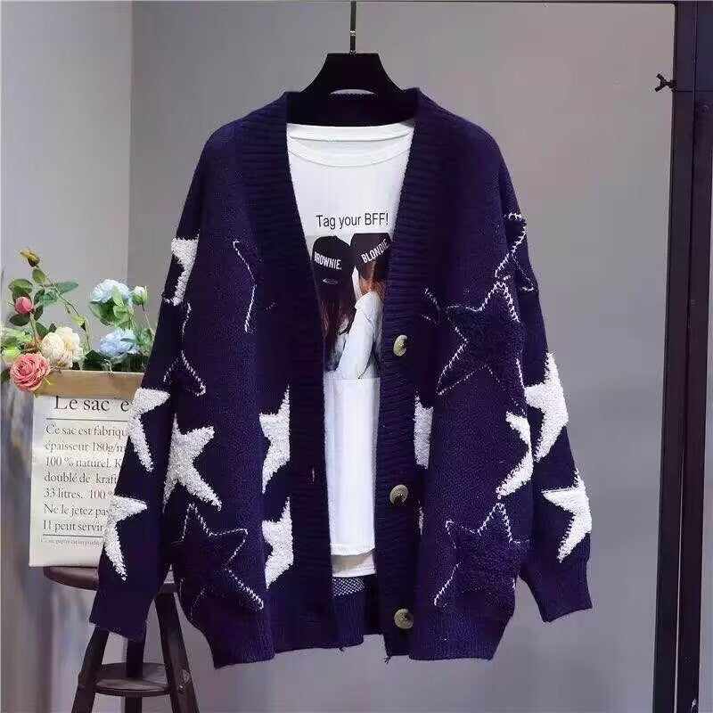 Women's chunky knit cardigan with star pattern and deep V-neck NOVAE