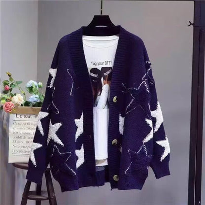 Women's chunky knit cardigan with star pattern and deep V-neck NOVAE