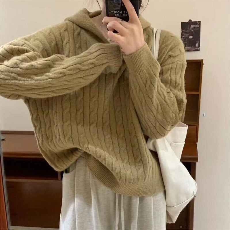 Women's Cozy Knit Sweater with Hood and Cable Pattern NOVAE