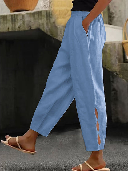 Women's lightweight linen trousers with side slits and elasticated waistband NOVAE