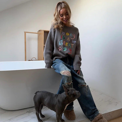 Women's oversized sweatshirt with colorful embroidery design NOVAE