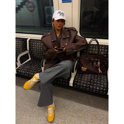 Women's fashionable biker leather jacket with asymmetrical zipper NOVAE