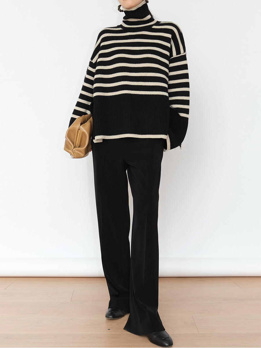 Women's Casual Knit Sweater with Block Stripes and High Collar NOVAE