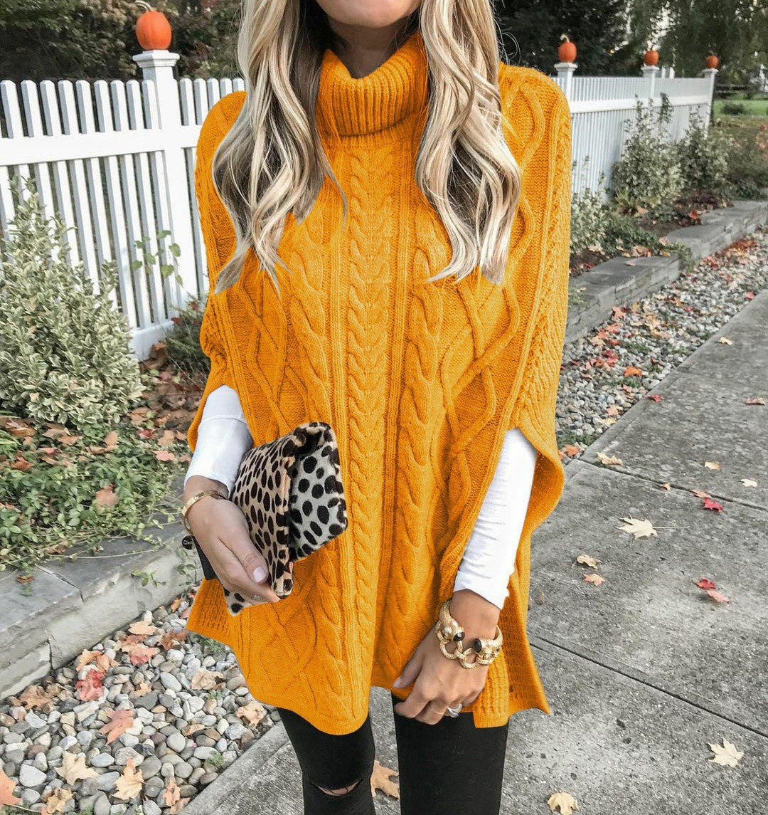 Women's knitted poncho with high collar and decorative cable pattern NOVAE