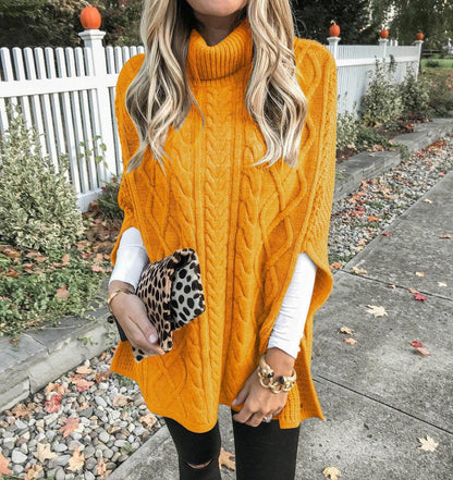 Women's knitted poncho with high collar and decorative cable pattern NOVAE