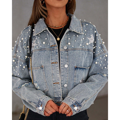Women's denim jacket with eye-catching appliqués and oversized cut NOVAE