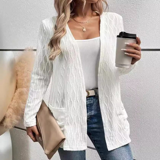 Women's cardigan with sophisticated wave pattern and practical pockets NOVAE