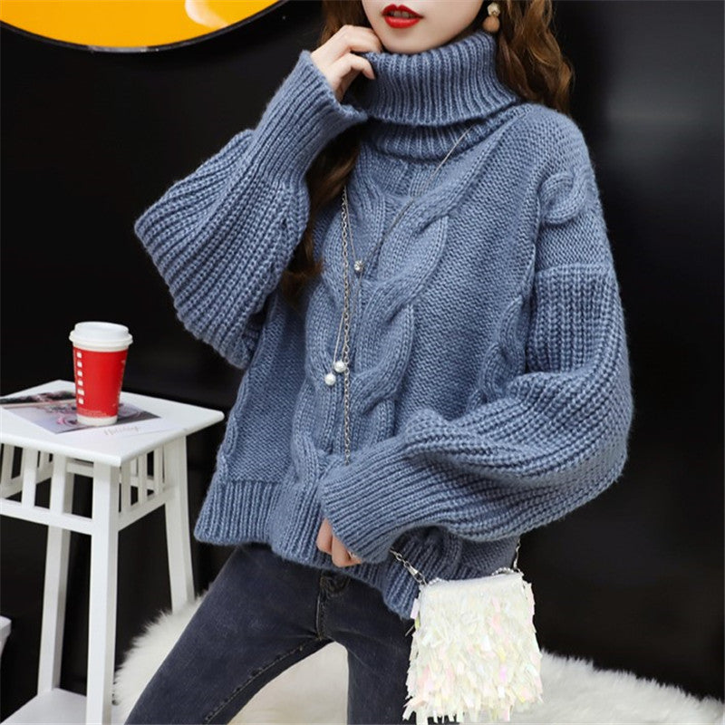 Women's chunky knit sweater with high roll neck and modern cable pattern NOVAE