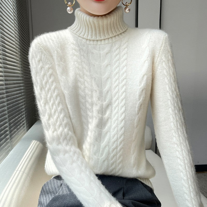 Women's chunky knit sweater with high collar and textured cable pattern NOVAE