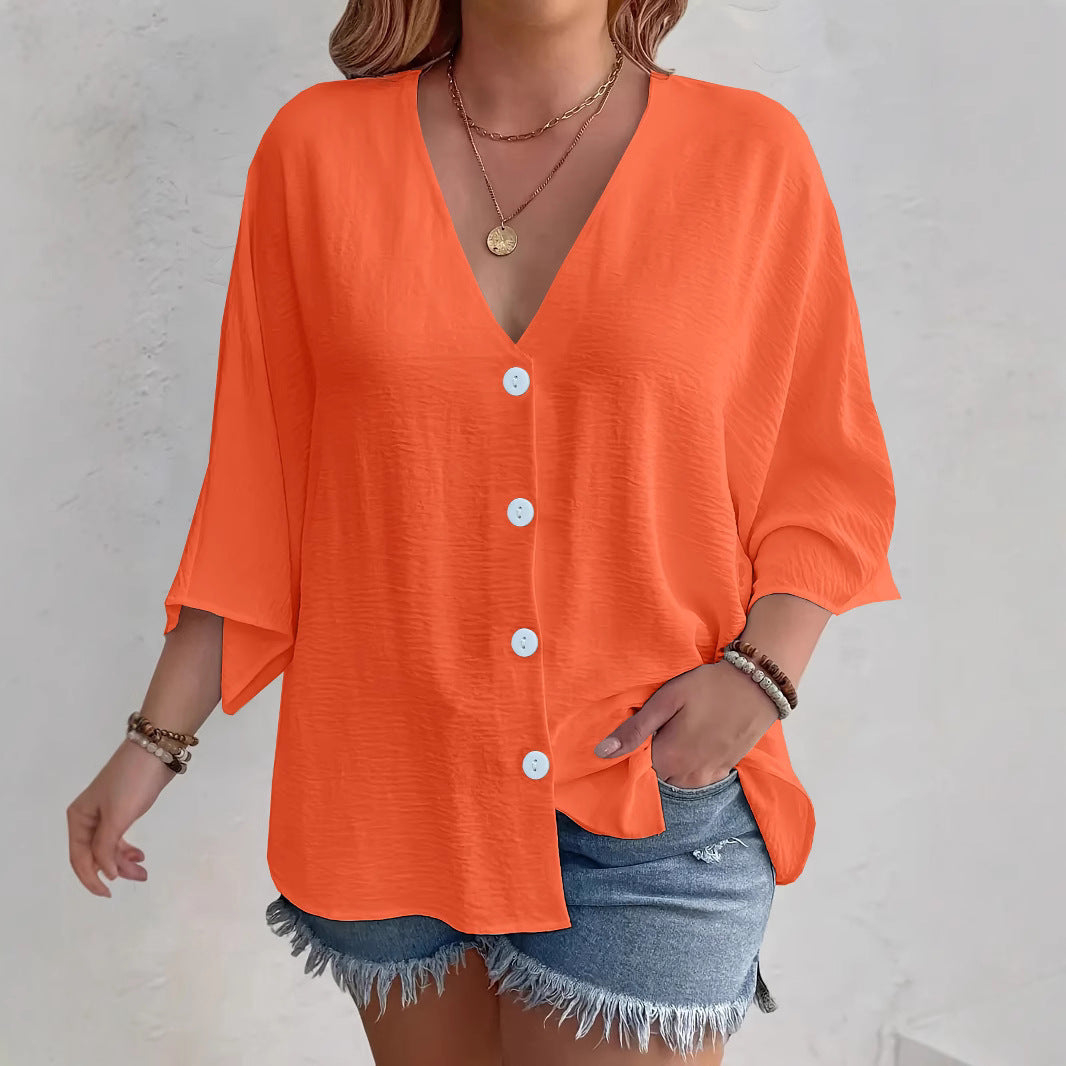 Women's flattering short-sleeved blouse with button placket and V-neck NOVAE
