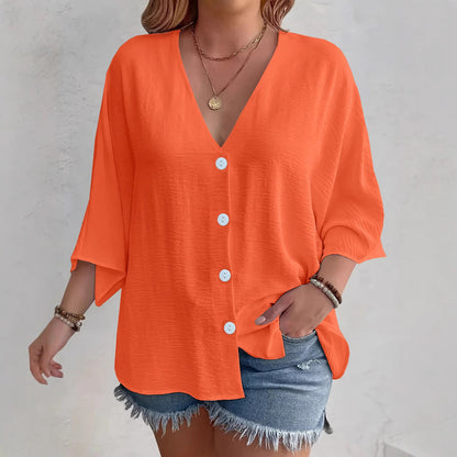 Women's flattering short-sleeved blouse with button placket and V-neck NOVAE