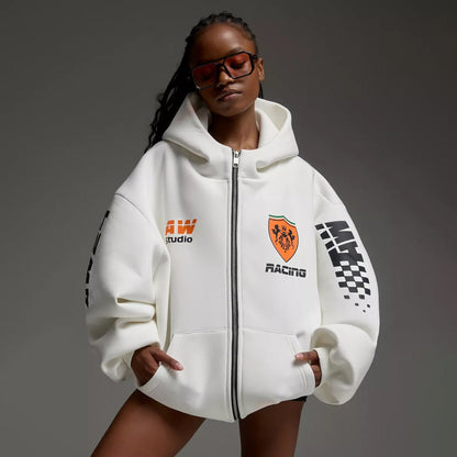 Women's oversized hooded jacket with graphic racing design NOVAE
