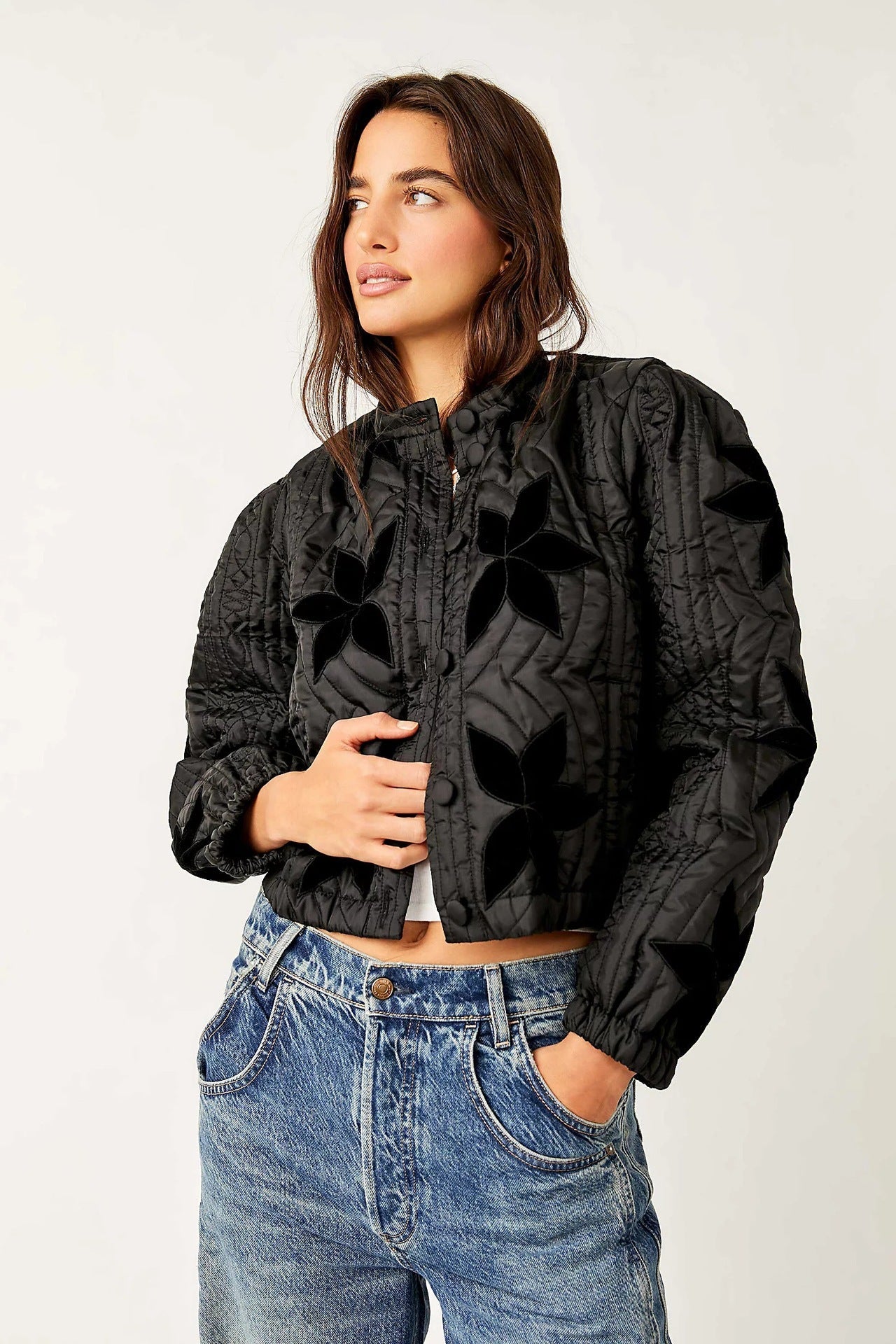 Women's quilted bomber jacket with floral design and elasticated cuffs NOVAE