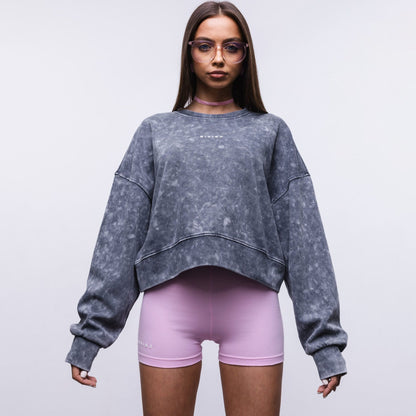 Women's cropped sweatshirt with wide sleeves and fashionable wash effect NOVAE
