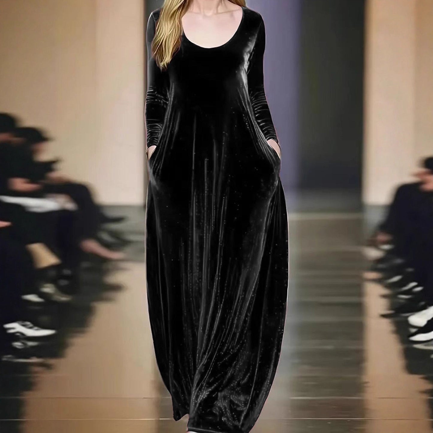 Women's maxi dress in velvety material with practical pockets NOVAE